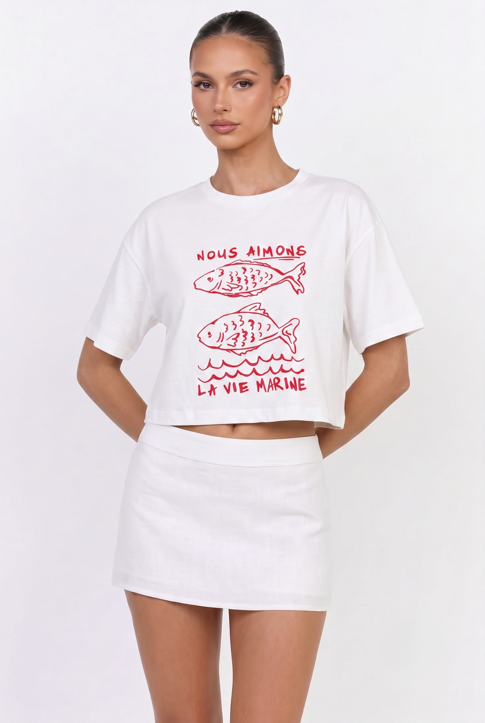 Crop Baskılı Örme T-Shirt