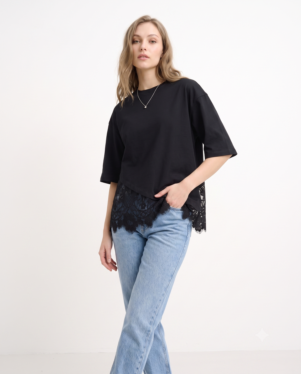 Regular/Normal Kalıp Dantel Detaylı Kısa Kollu Örme T-Shirt