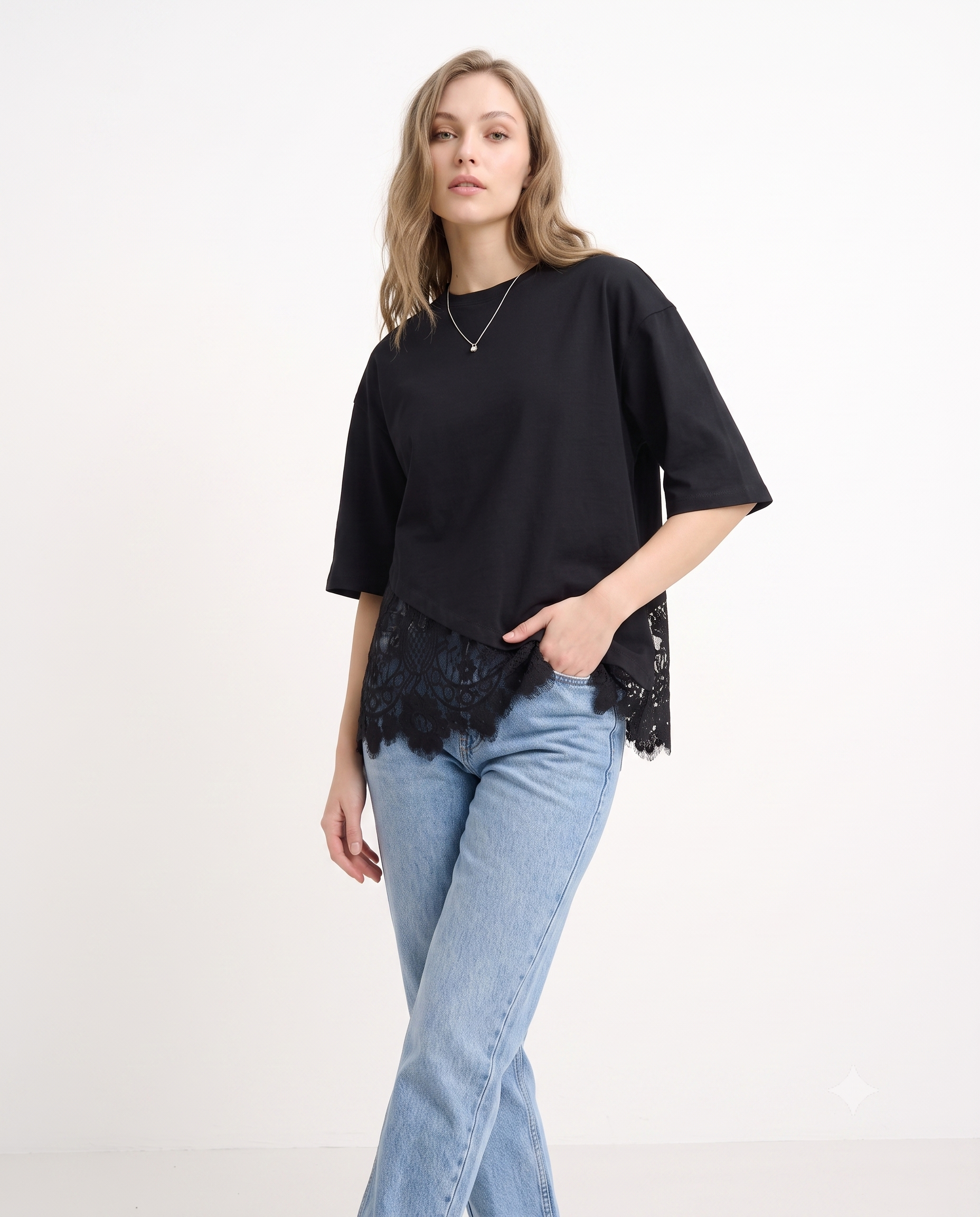 Regular/Normal Kalıp Dantel Detaylı Kısa Kollu Örme T-Shirt