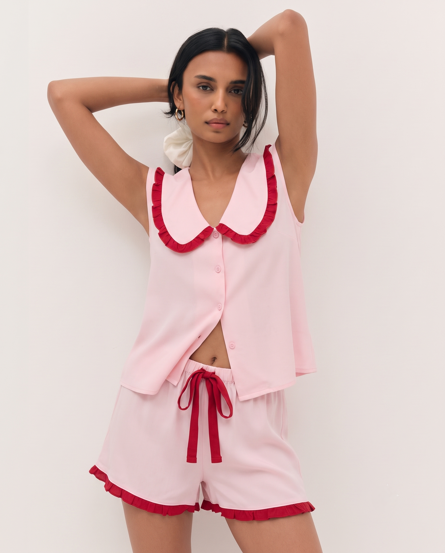 Pembe Fırfırlı Viskon Pijama Takımı