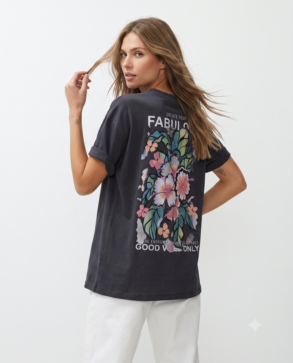 %100 Pamuk Sırt ve Ön Baskılı Oversize/Geniş Kesim Örme T-Shirt