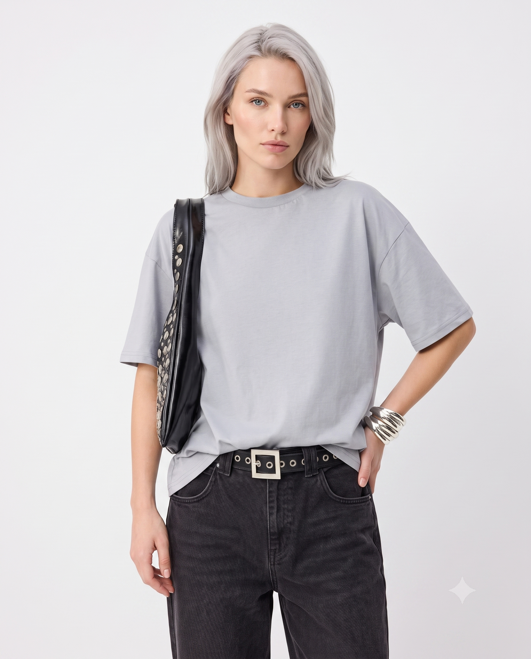 Oversize/Geniş Kalıp Bisiklet Yaka Örme T-Shirt