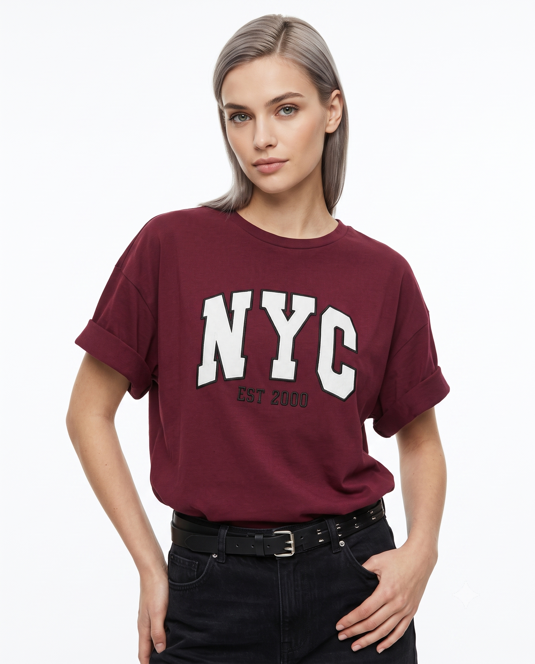 %100 Kalın Pamuklu Oversize/Geniş Pach Nakışlı Örme T-Shirt