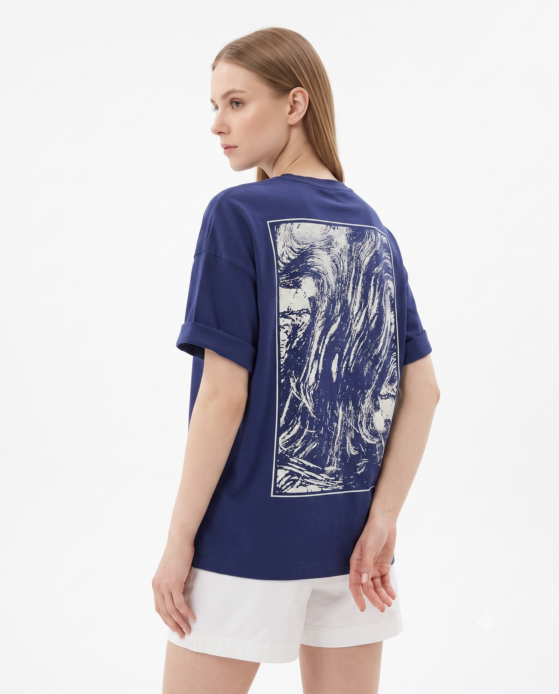 Sırt ve Ön Baskılı Oversize/Rahat Kesim Örme T-Shirt