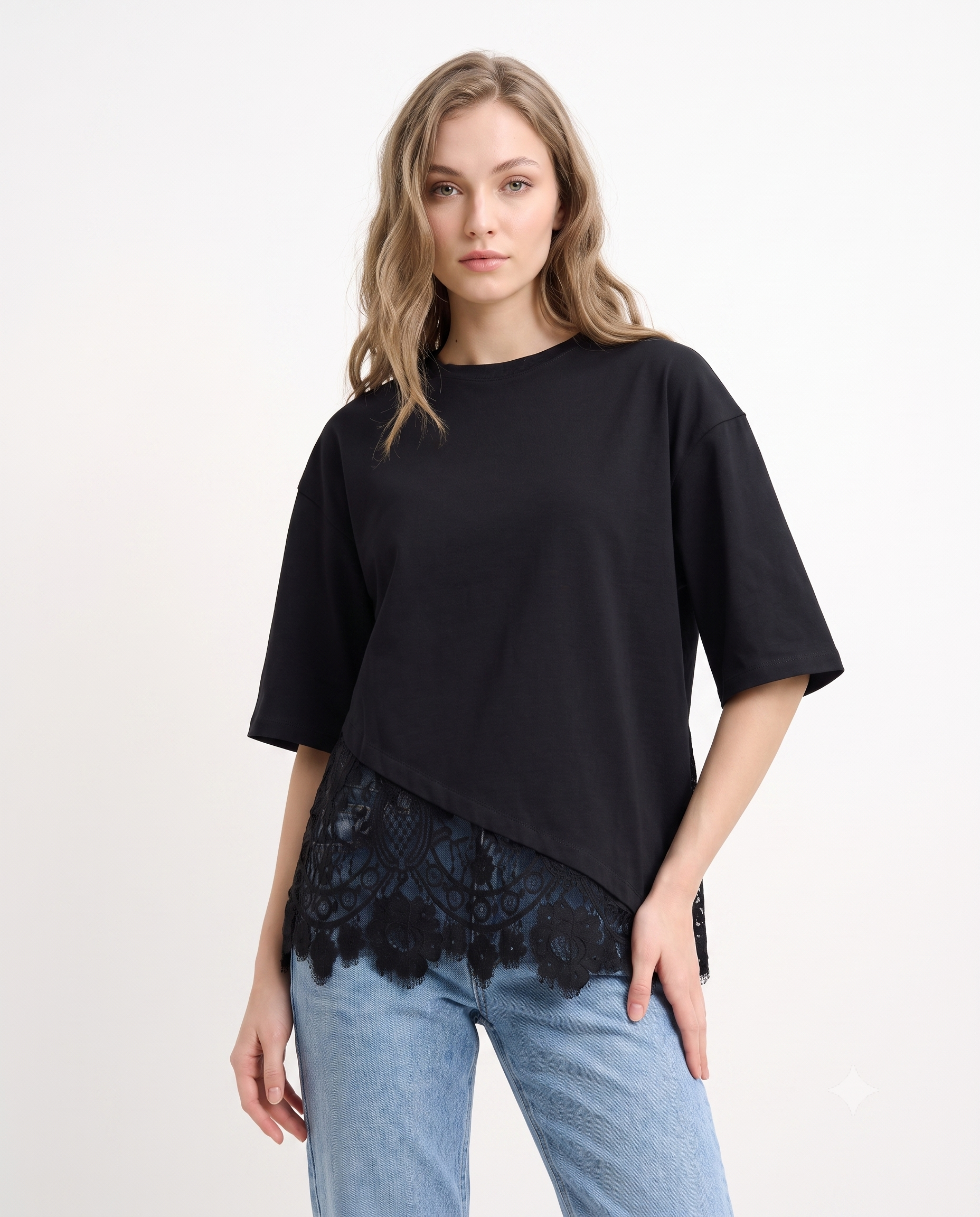 Regular/Normal Kalıp Dantel Detaylı Kısa Kollu Örme T-Shirt