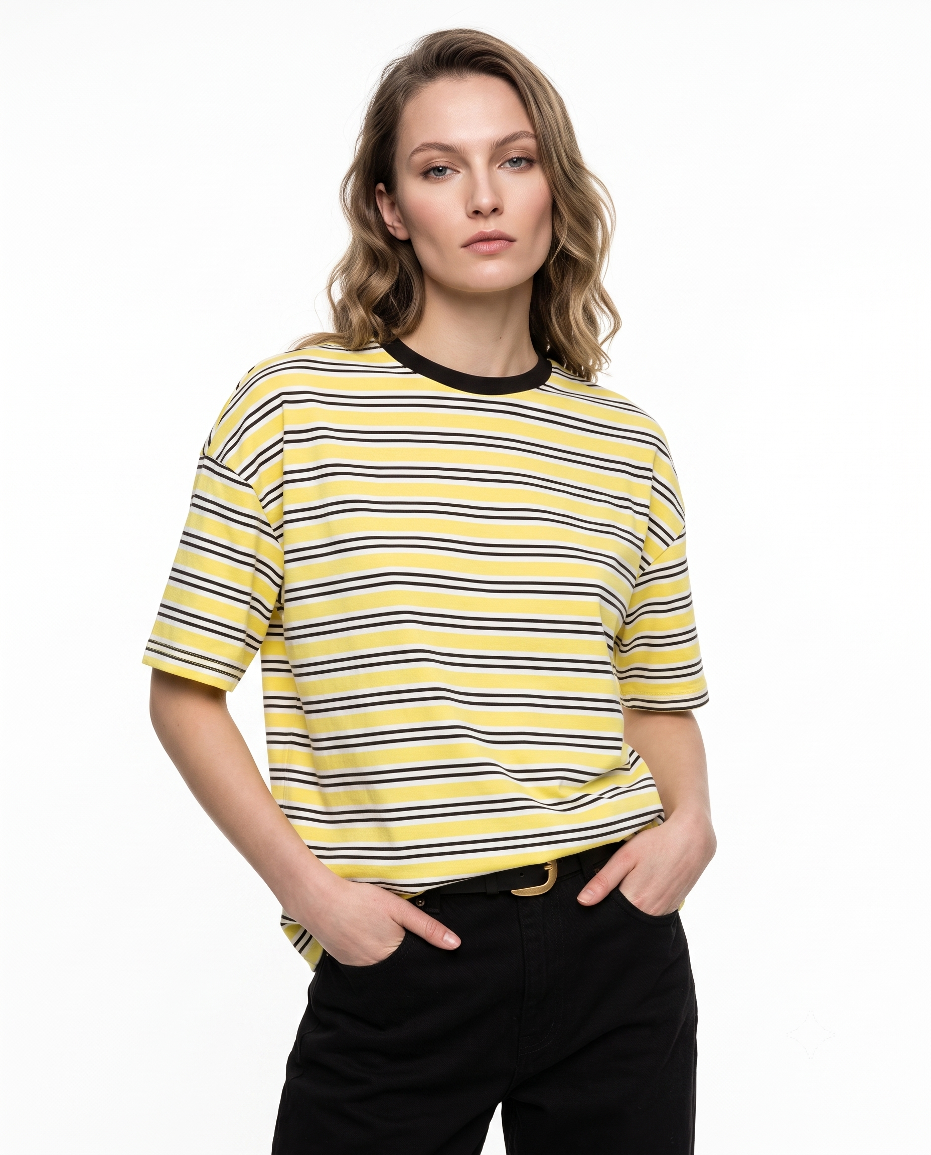 Çizgili Boxy Düşük Kol Kısa Kollu Tok %100 Pamuk Örme T-Shirt