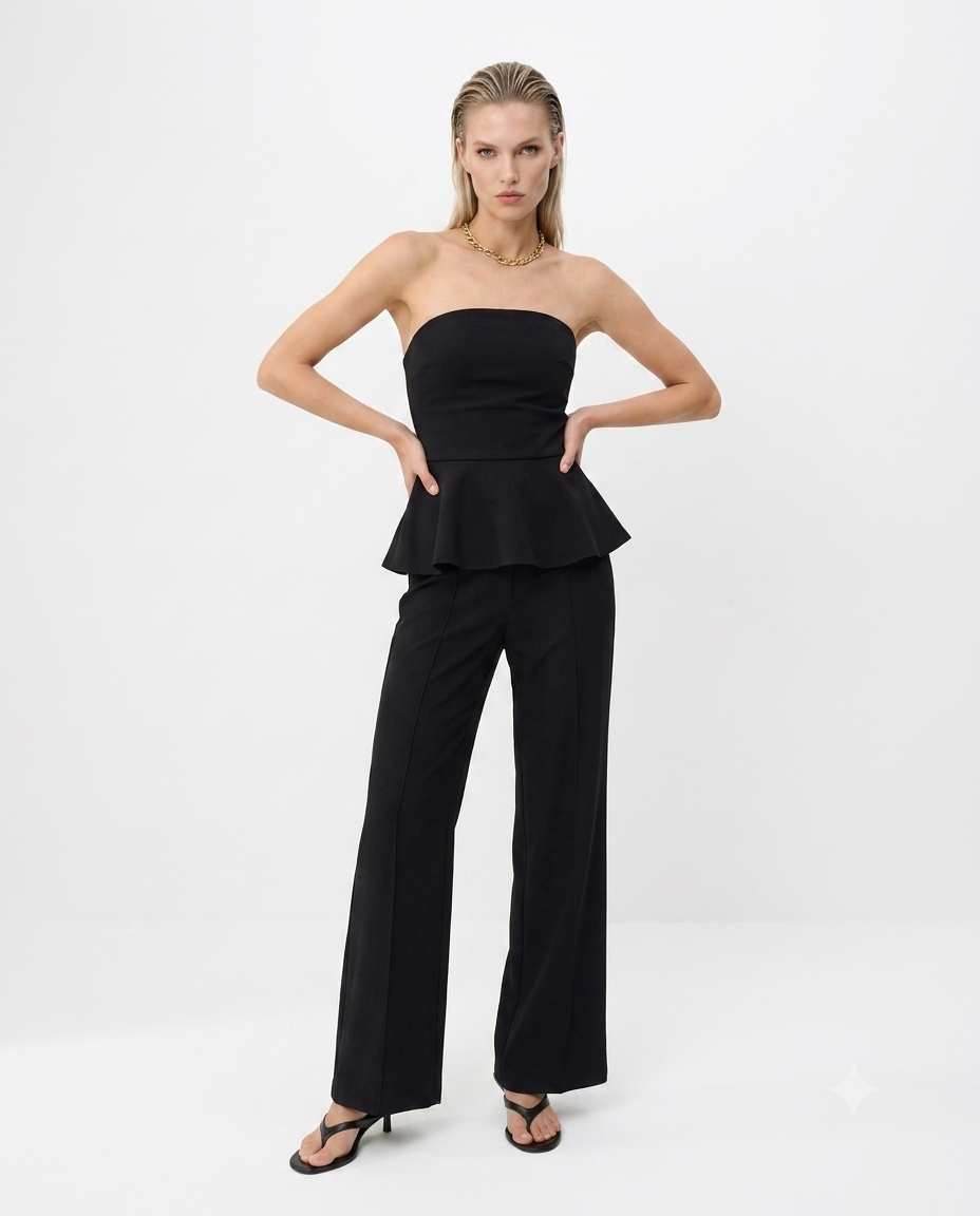 Peplum Kolsuz Geniş Paça Soft Touch Örme Alt-Üst Takım