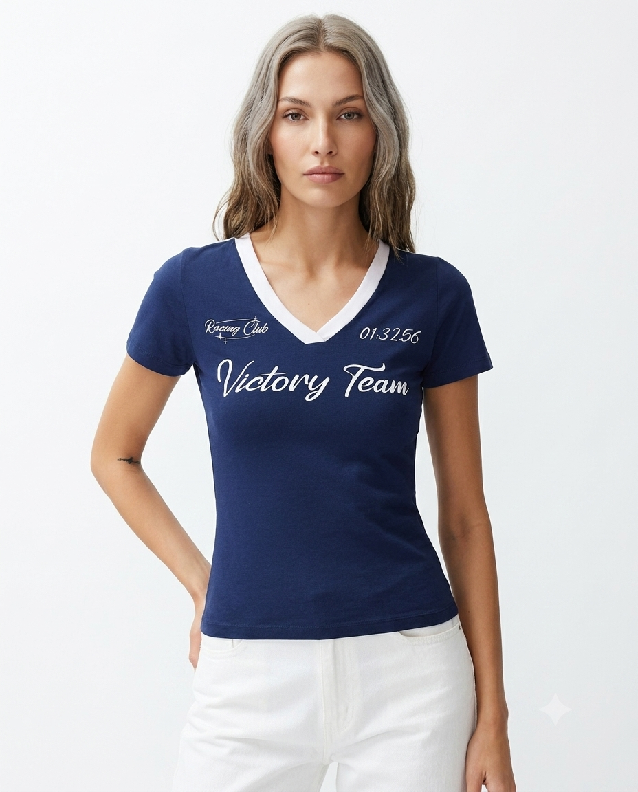 Lacivert Slogan Baskılı V Yaka Regular/Normal Kalıp  Örme T-Shirt