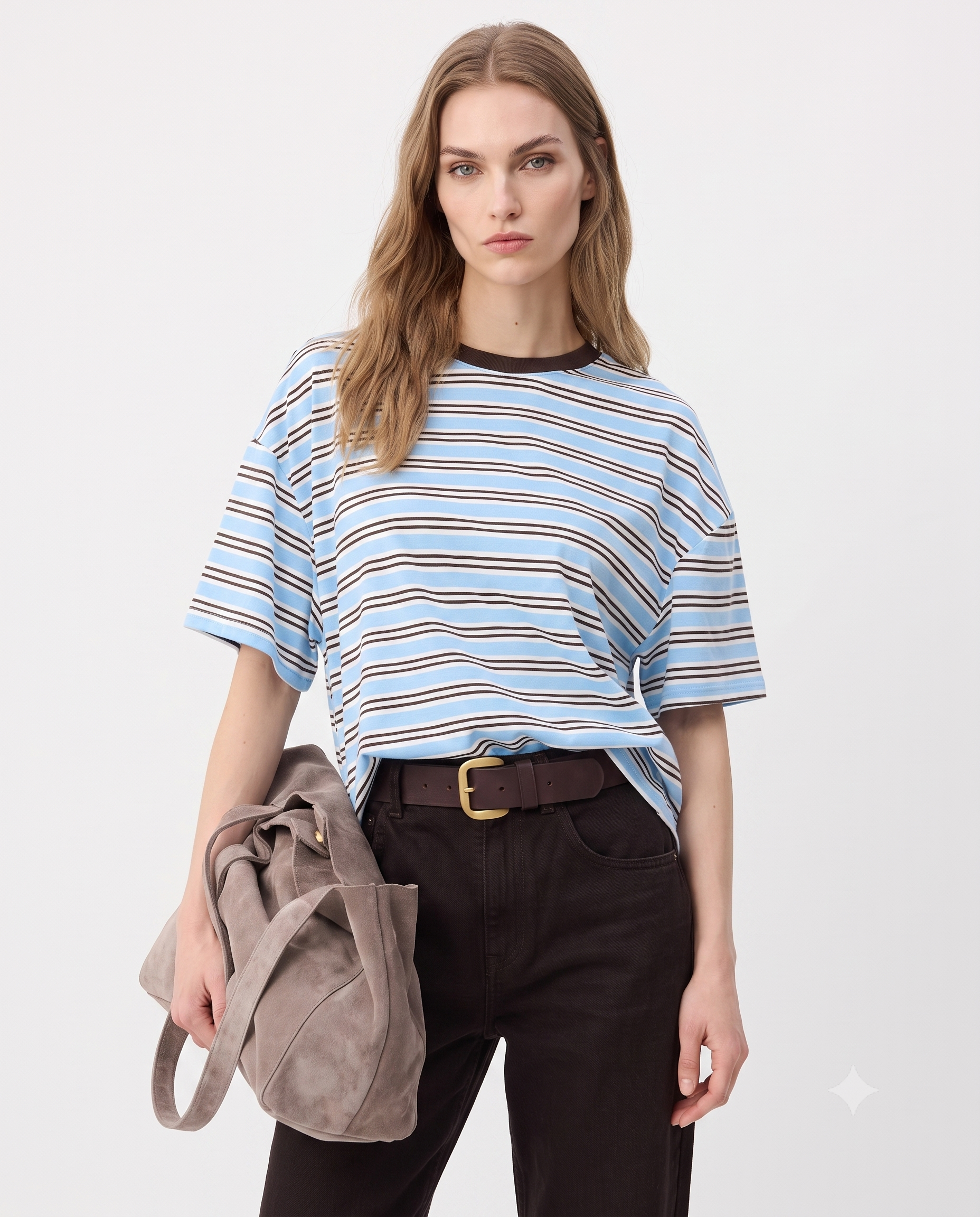 Çizgili Boxy Düşük Kol Kısa Kollu Tok %100 Pamuk Örme T-Shirt