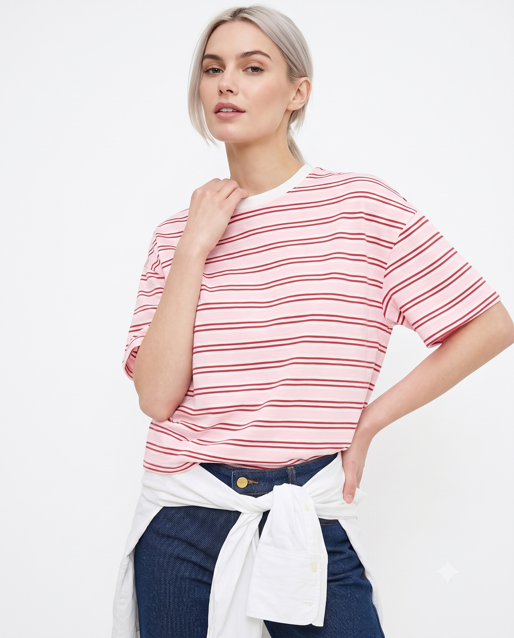 Çizgili Boxy Düşük Kol Kısa Kollu Tok %100 Pamuk Örme T-Shirt