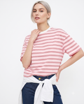 Çizgili Boxy Düşük Kol Kısa Kollu Tok %100 Pamuk Örme T-Shirt