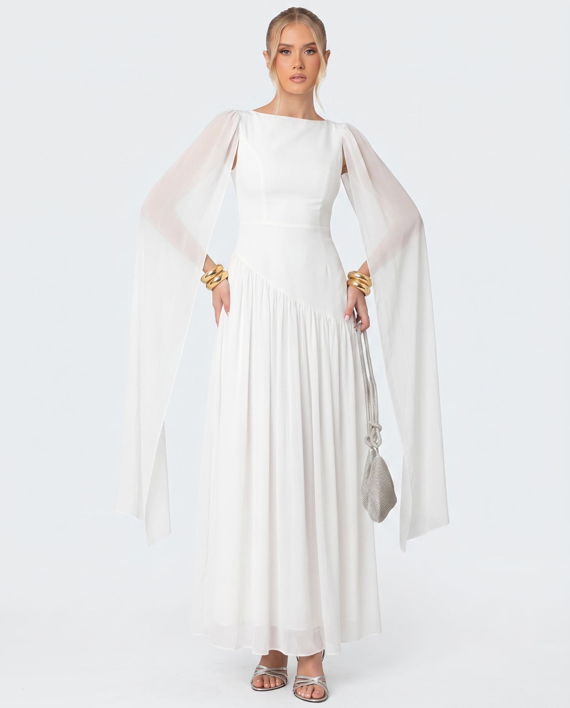 Beyaz Şifon Şal Detay Bridal Elbise