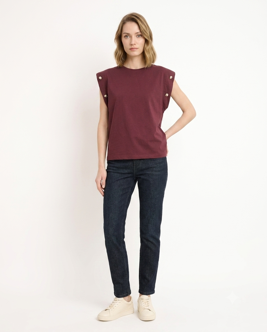 Düğme Detaylı Vatka Görünümlü Basic Bisiklet Yaka Örme T-Shirt