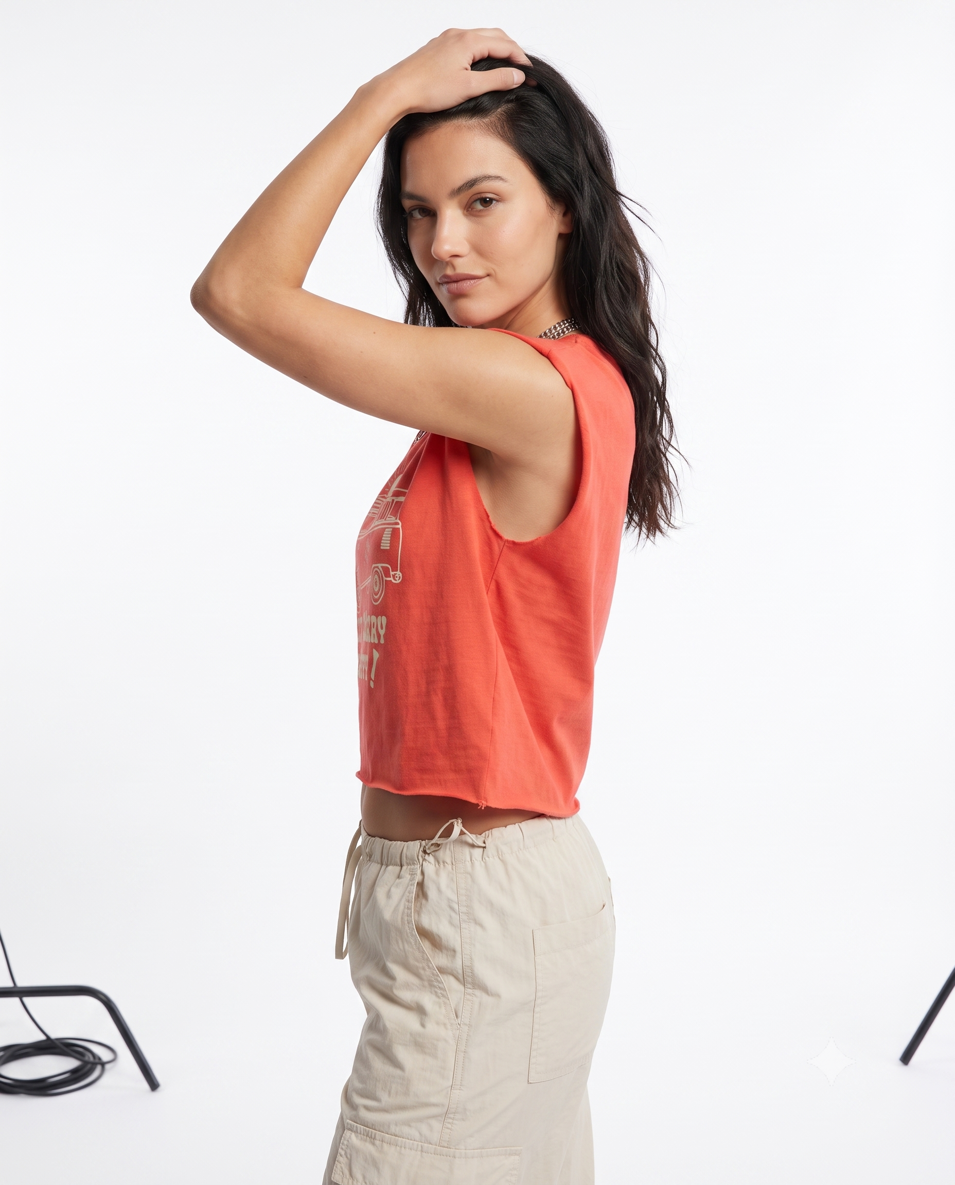 Kırmızı %100 Pamuk Baskılı Kolsuz Relaxed/Rahat Kalıp Crop Bisiklet Yaka Örme T-Shirt