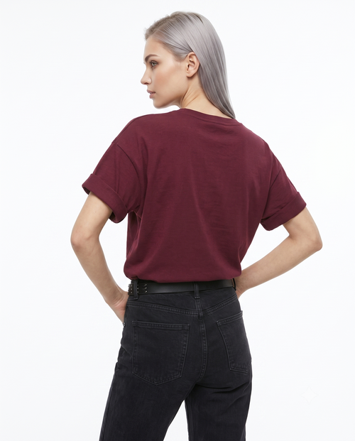 %100 Kalın Pamuklu Oversize/Geniş Pach Nakışlı Örme T-Shirt