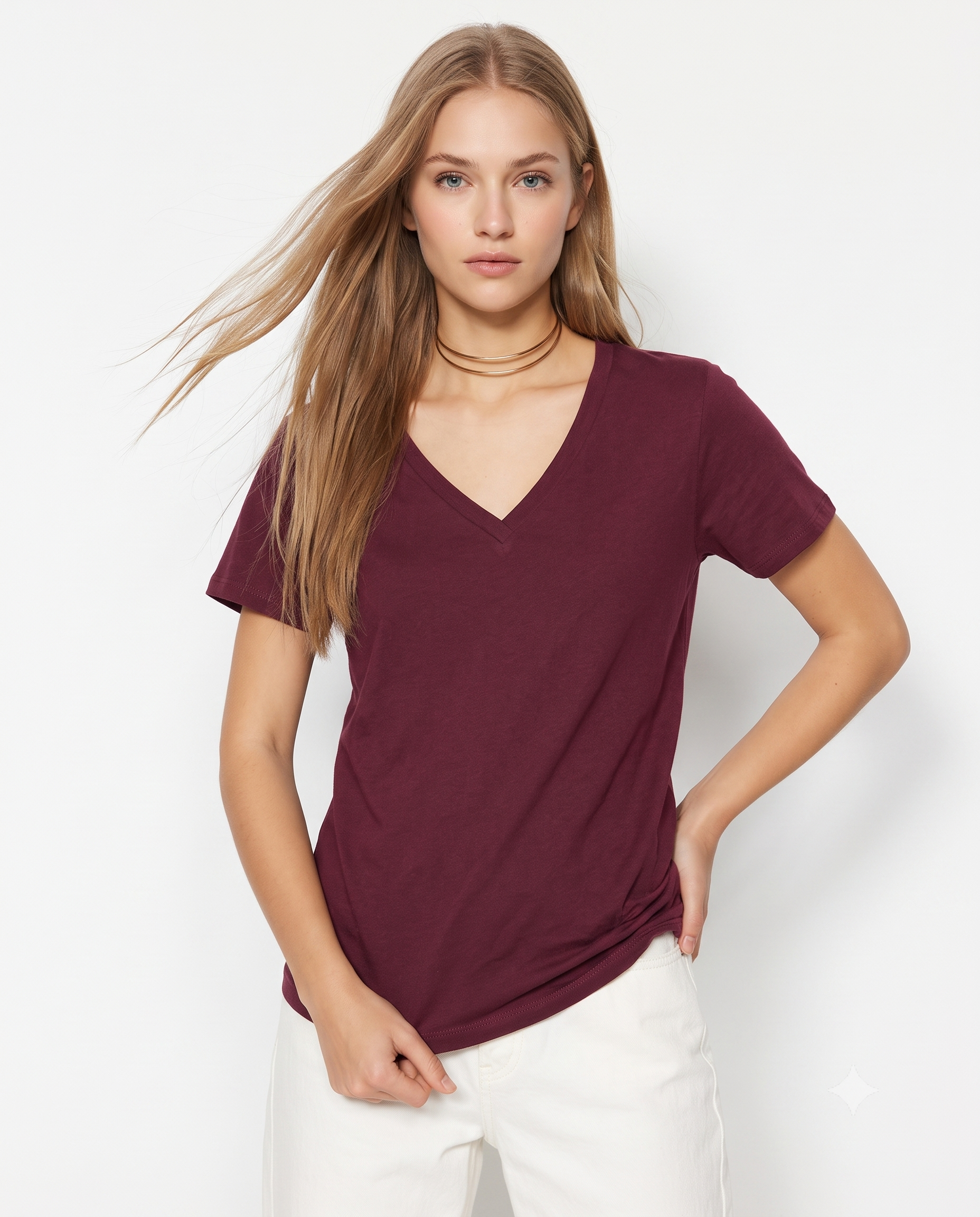 %100 Pamuk Basic V Yaka Örme T-Shirt