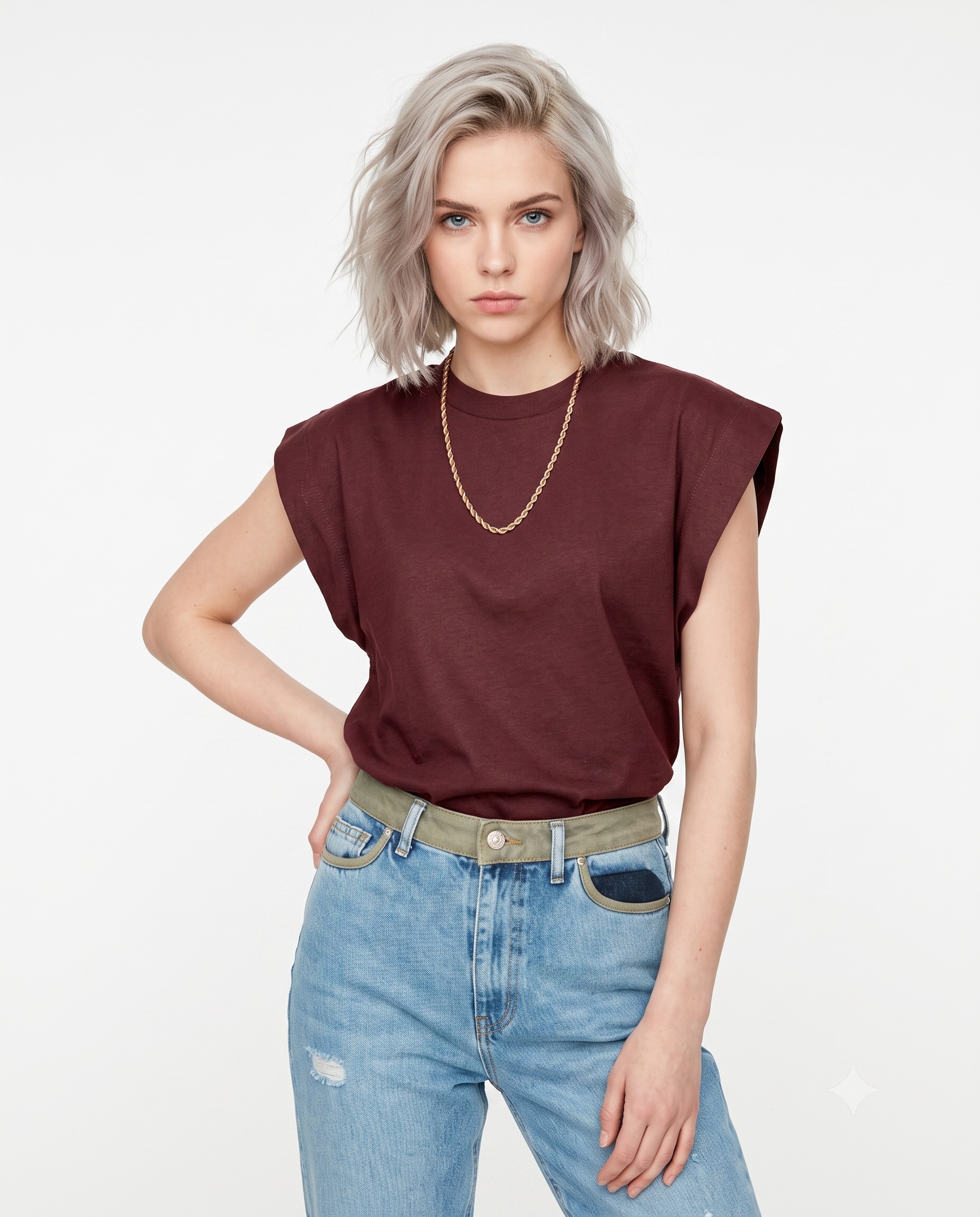Vatka Görünümlü Basic Bisiklet Yaka Örme T-Shirt