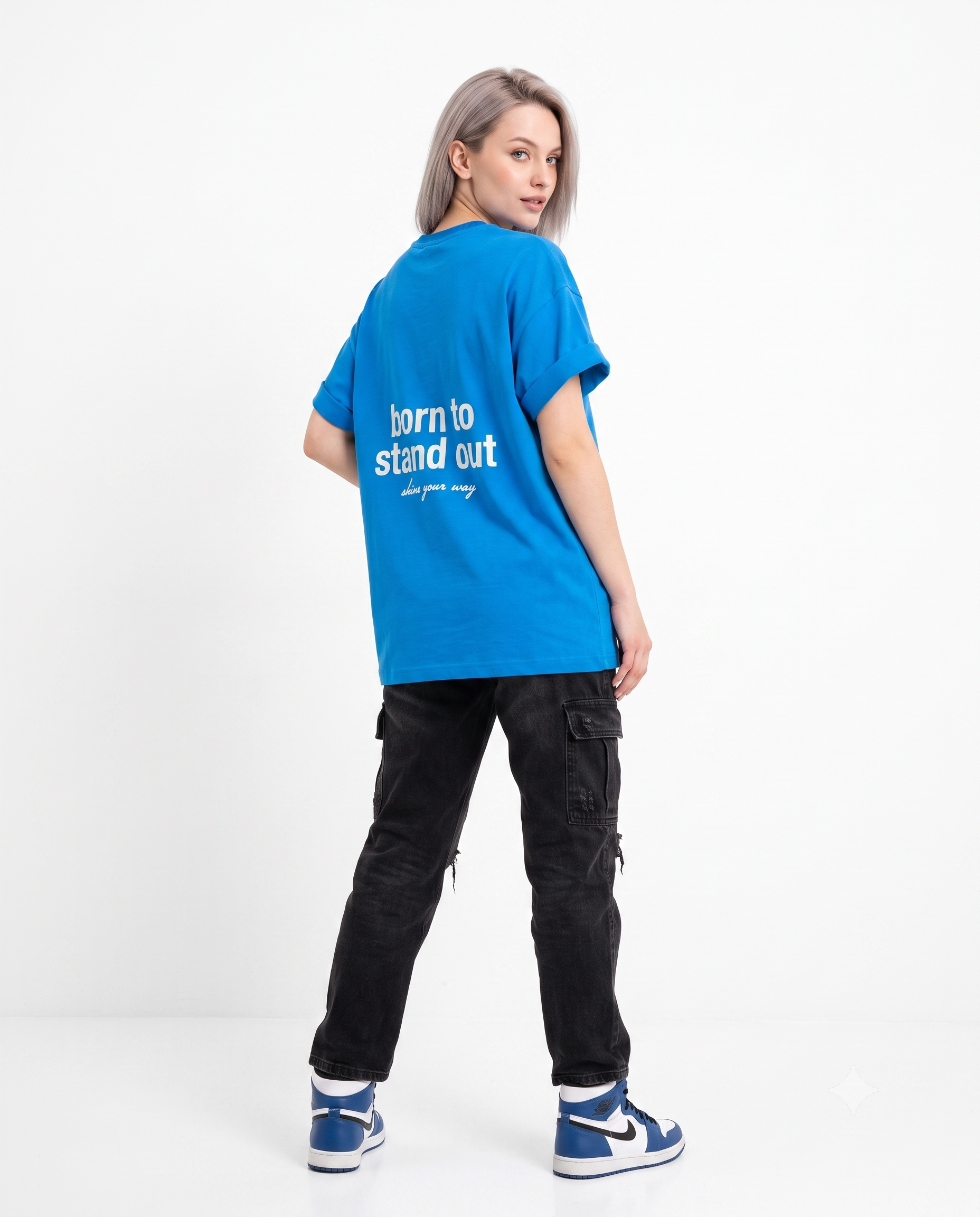 Slogan Oversize/Geniş Kalıp Sırt Baskılı Uzun Tok %100 Pamuk Örme T-Shirt
