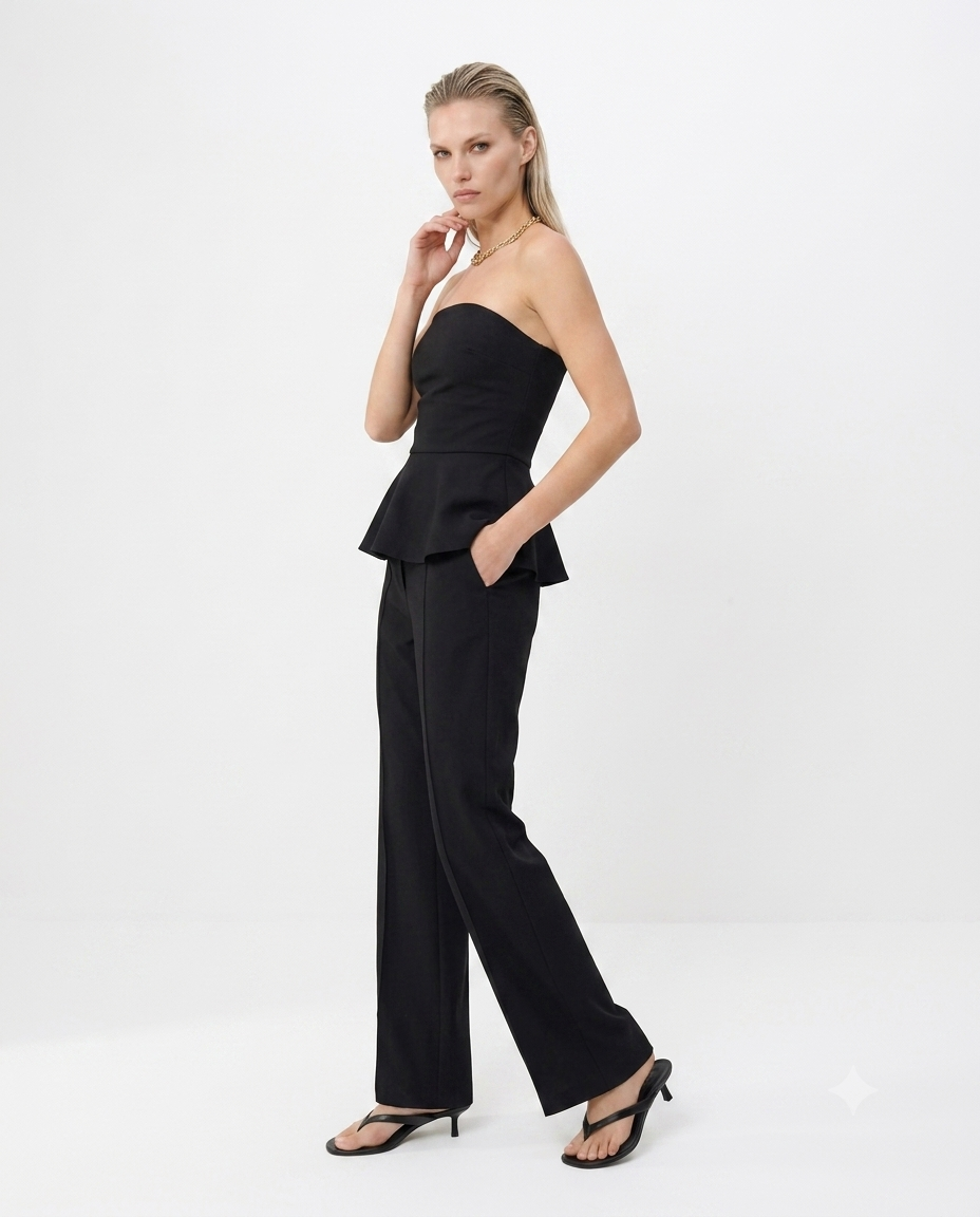 Peplum Kolsuz Geniş Paça Soft Touch Örme Alt-Üst Takım