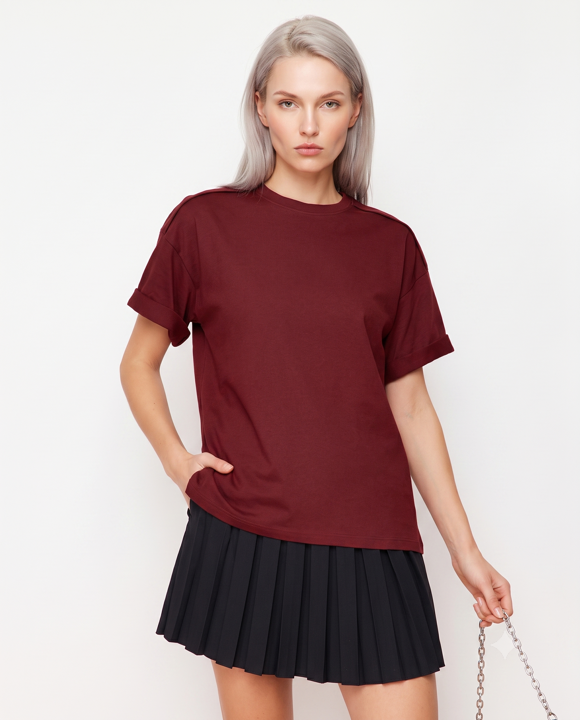 Oversize/Geniş Kalıp Bisiklet Yaka Örme T-Shirt