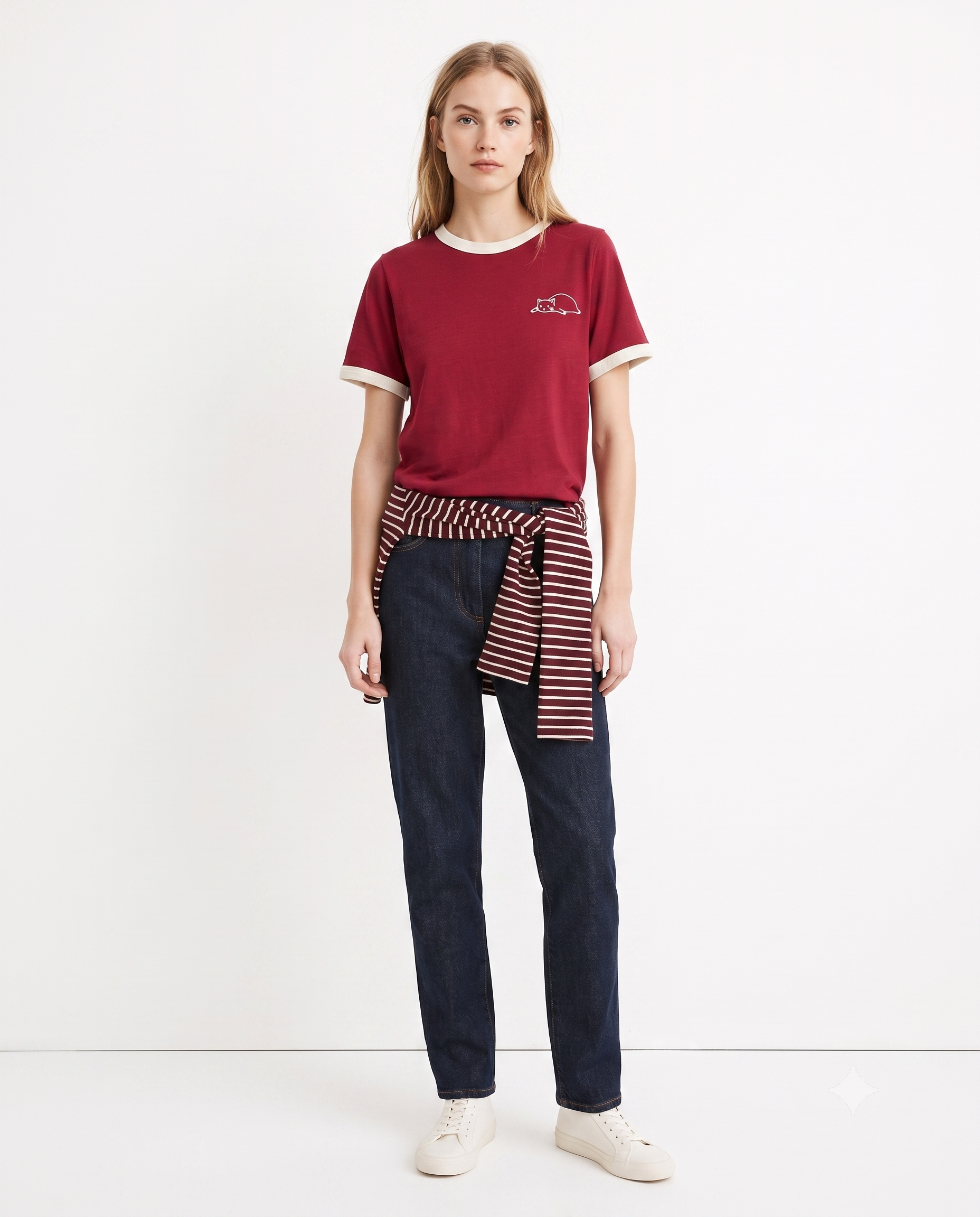 %100 Pamuk Nakışlı Kontrast Biye Detaylı Örme T-Shirt