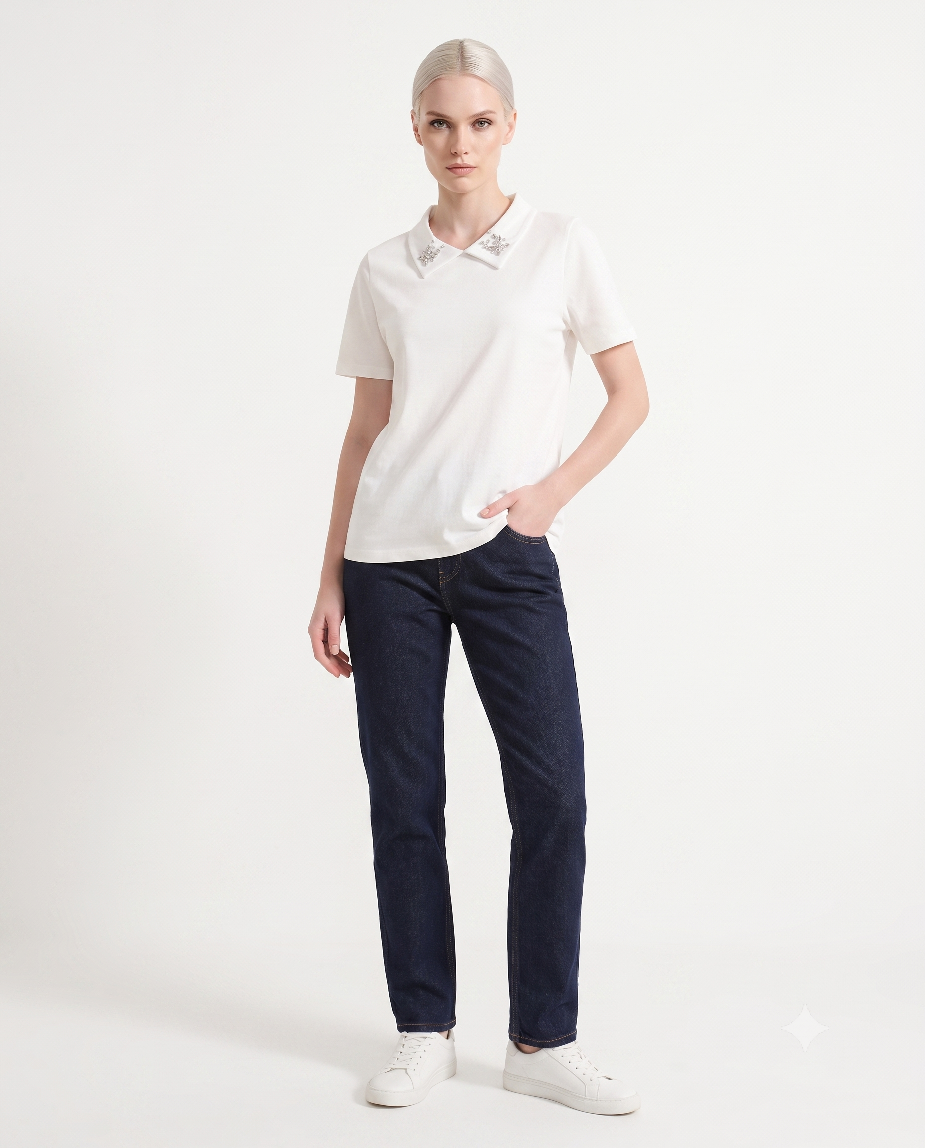 Pamuklu Polo Yaka Taş Detaylı Regular/Normal Kalıp Örme T-Shirt
