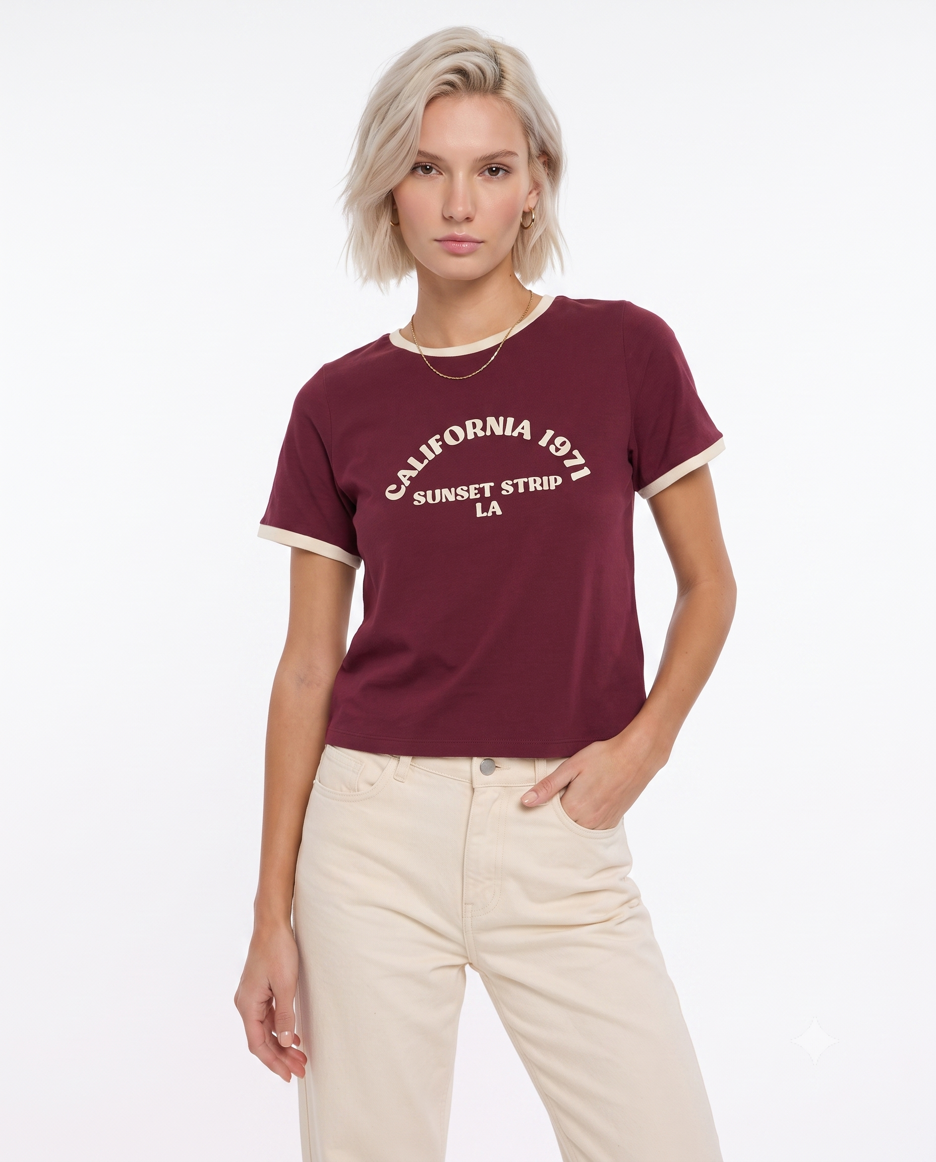 Slogan Baskılı Kontrast Biye Detaylı Örme T-Shirt