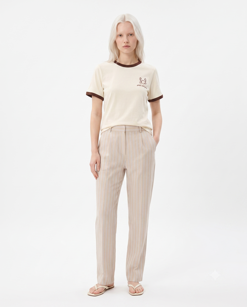 %100 Pamuk Nakışlı Kontrast Biye Detaylı Örme T-Shirt