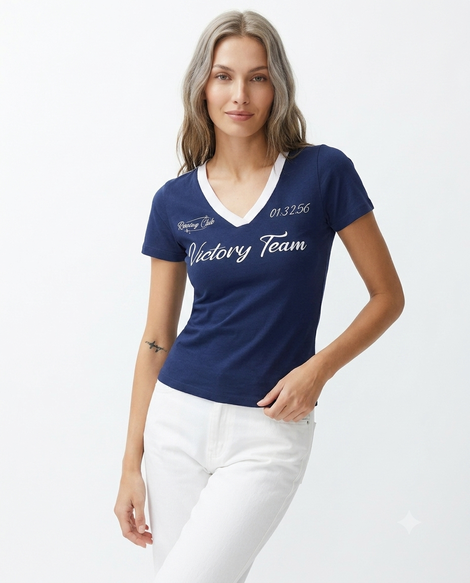 Lacivert Slogan Baskılı V Yaka Regular/Normal Kalıp  Örme T-Shirt
