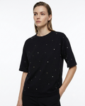 Siyah Taş Detaylı Relaxed/Geniş Rahat Kesim Bisiklet Yaka Örme T-Shirt