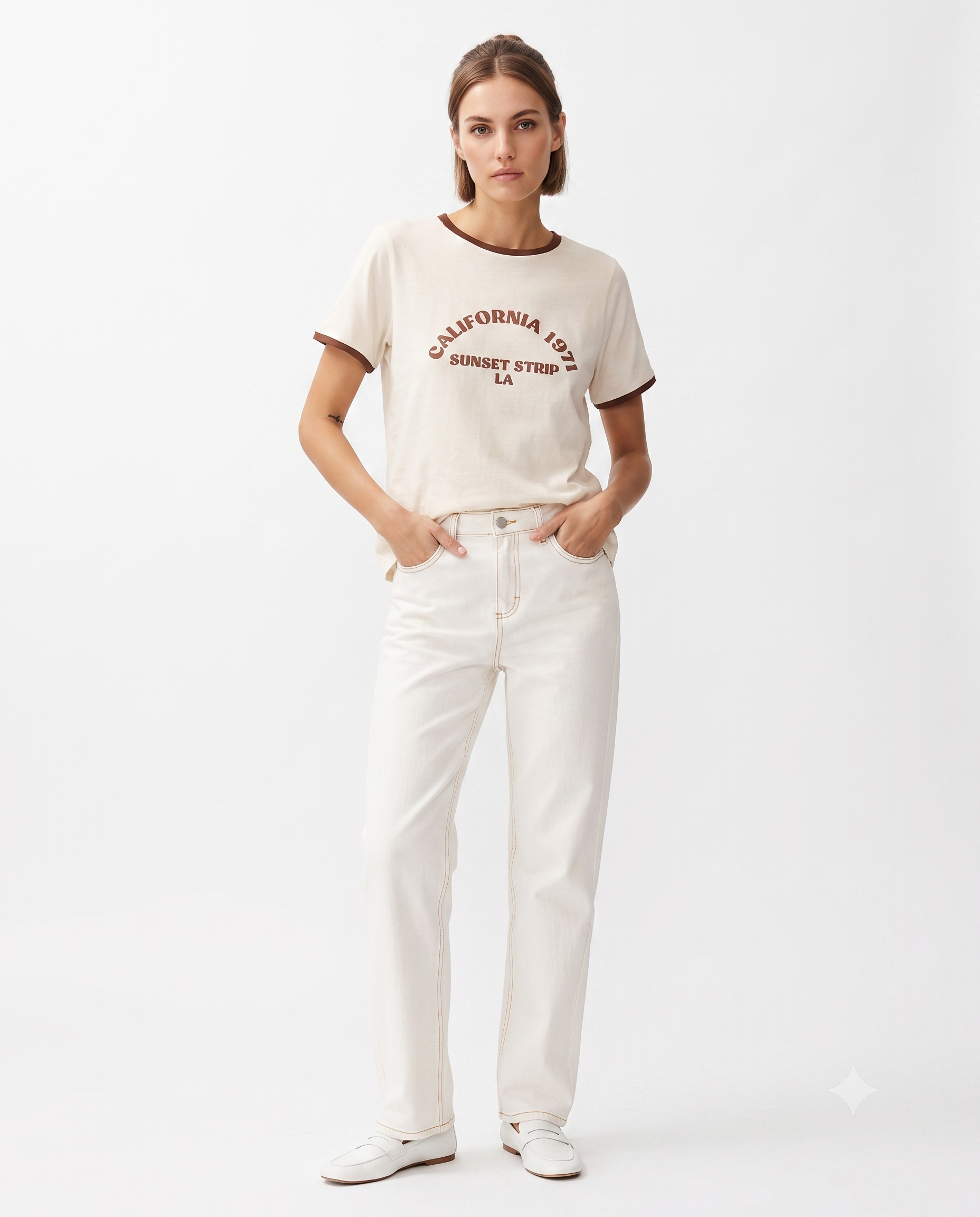 Slogan Baskılı Kontrast Biye Detaylı Örme T-Shirt
