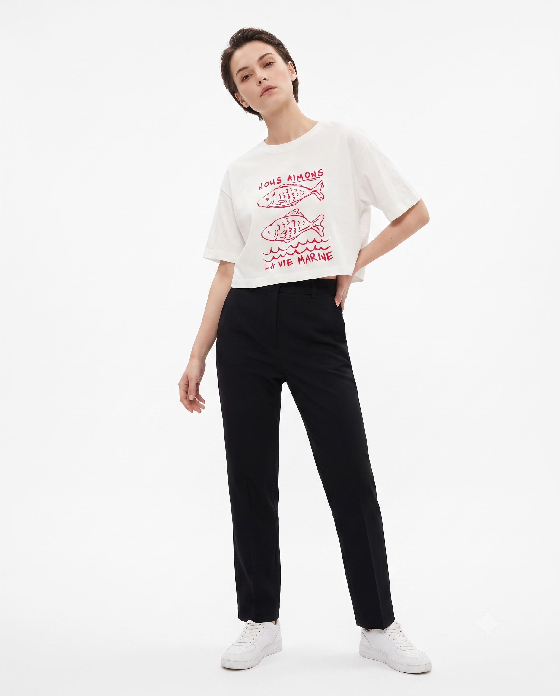 %100 Kalın Pamuklu Relaxed/Rahat Kalıp Crop Baskılı Örme T-Shirt