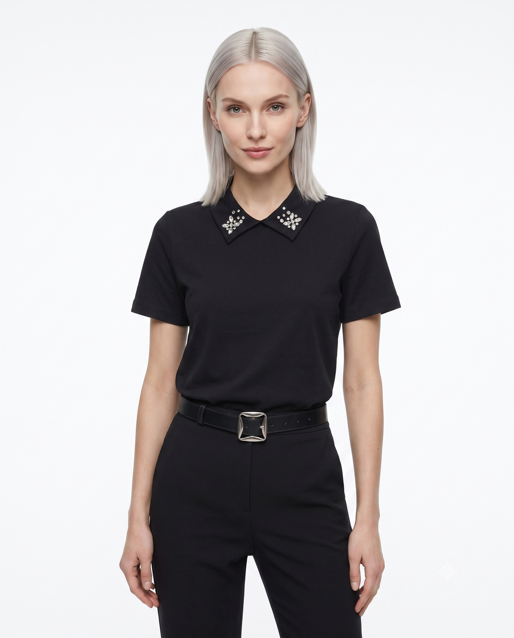 Pamuklu Polo Yaka Taş Detaylı Regular/Normal Kalıp Örme T-Shirt