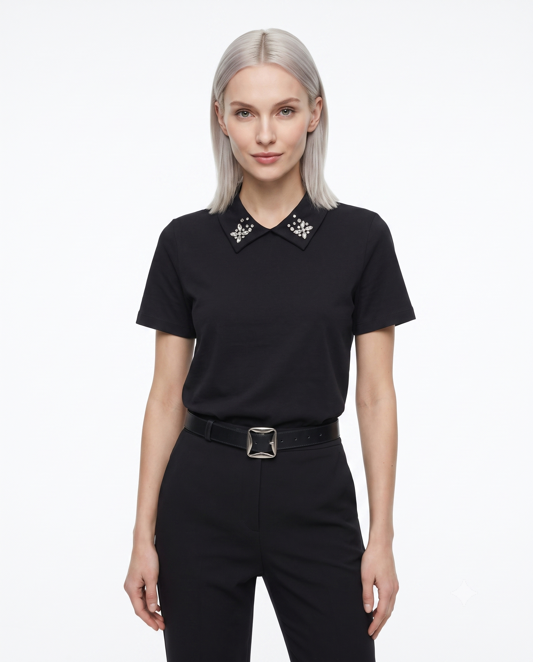 Pamuklu Polo Yaka Taş Detaylı Regular/Normal Kalıp Örme T-Shirt
