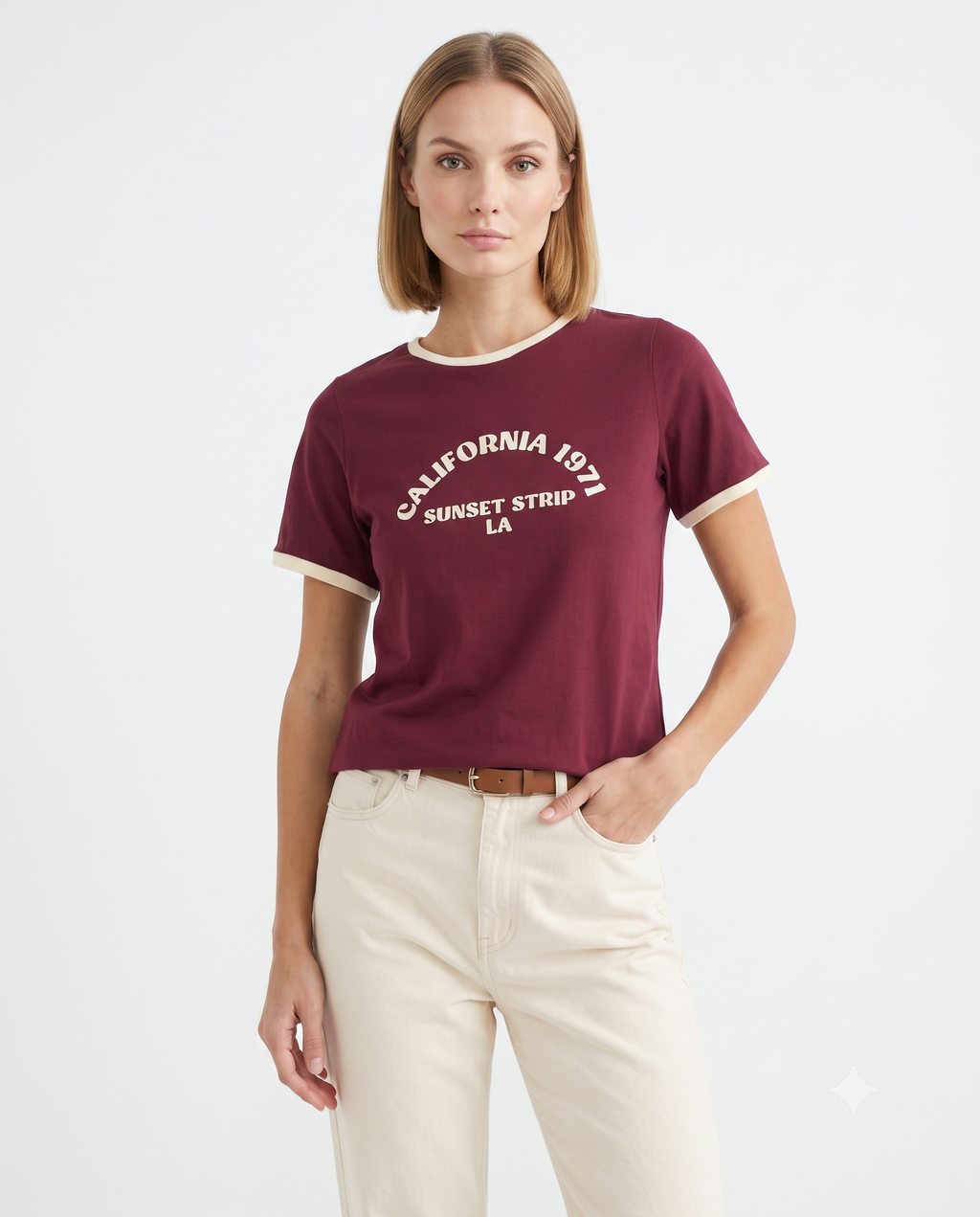 Slogan Baskılı Kontrast Biye Detaylı Örme T-Shirt