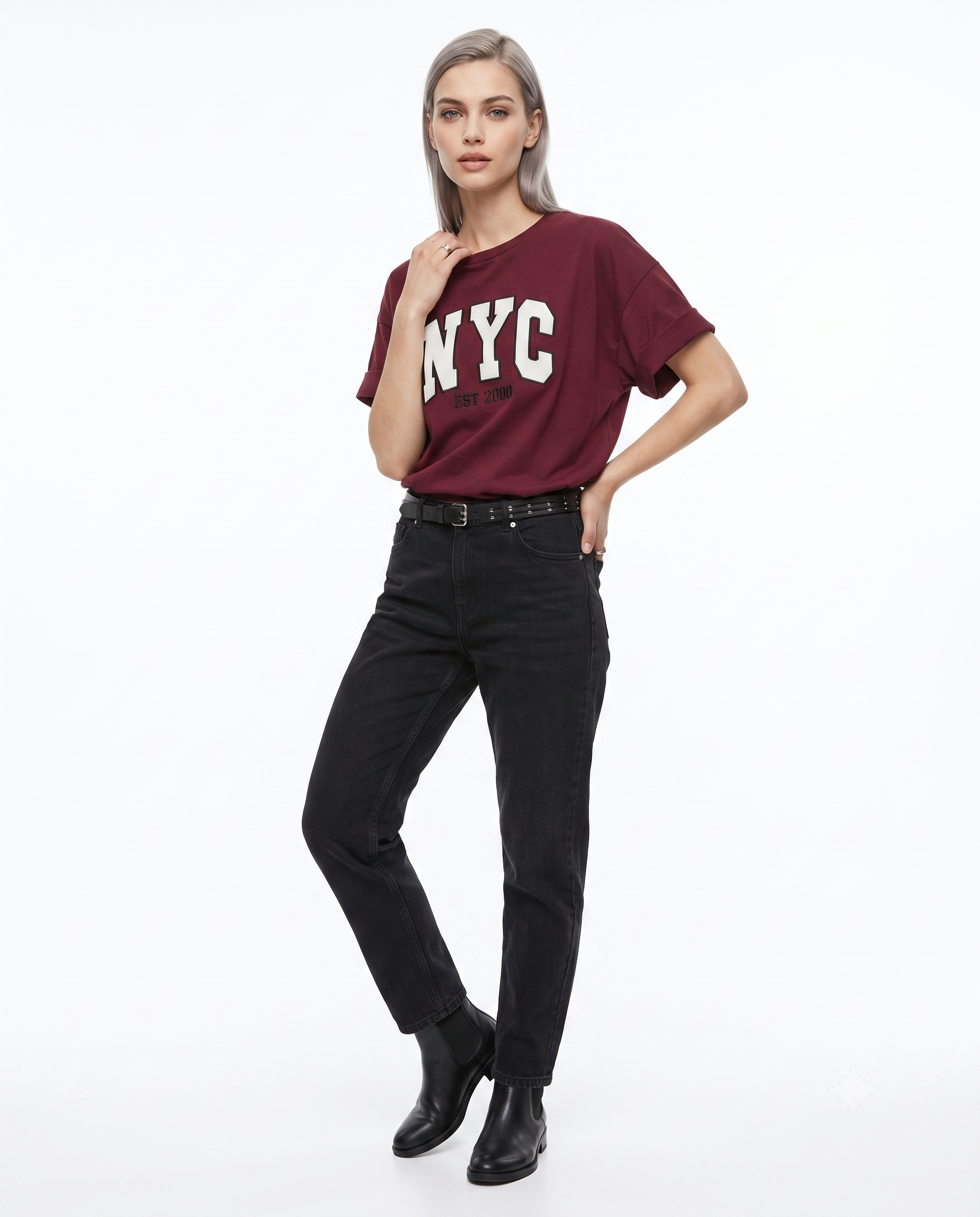 %100 Kalın Pamuklu Oversize/Geniş Pach Nakışlı Örme T-Shirt