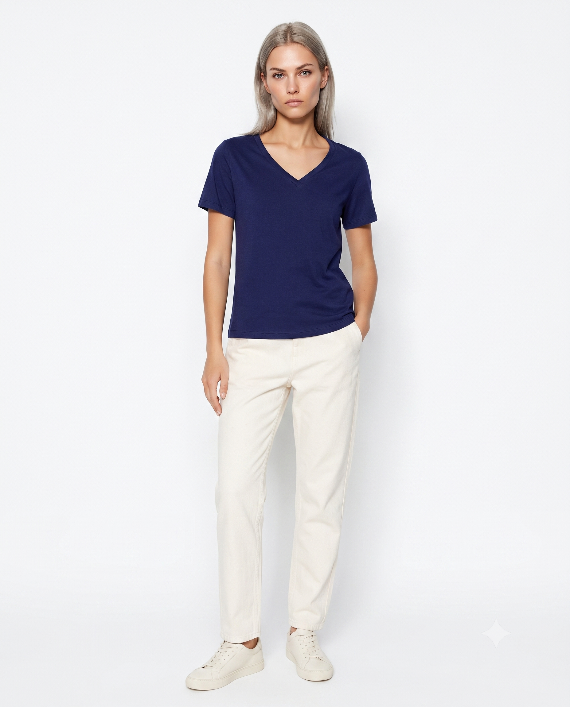 %100 Pamuk Basic V Yaka Örme T-Shirt